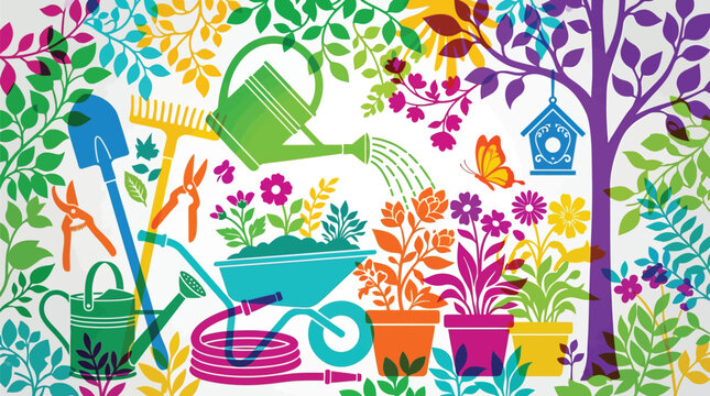 Colorful gardening tools and spring plants vector illustration, vibrant garden equipment with flowers and watering can, bright horticultural silhouettes for landscaping and backyard hobby
