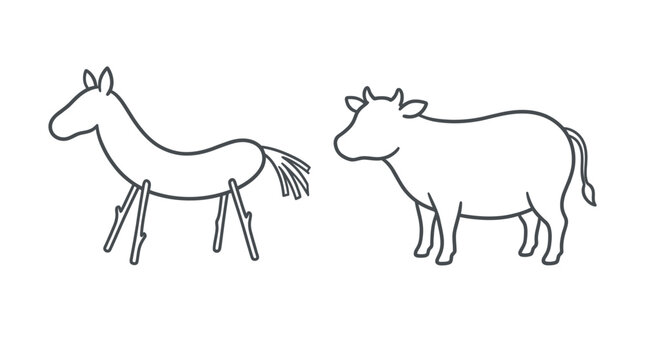 Horse and Cow Simple Line Drawings.