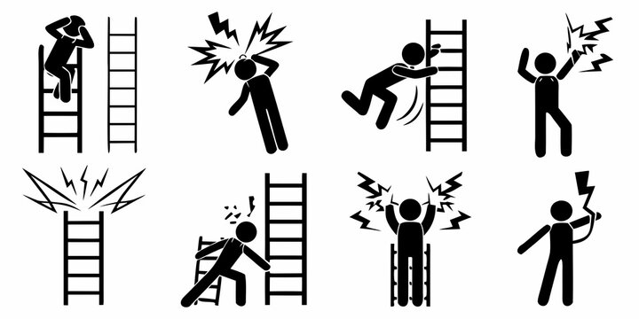 Ladder fall and electrocution hazard silhouettes black on white
