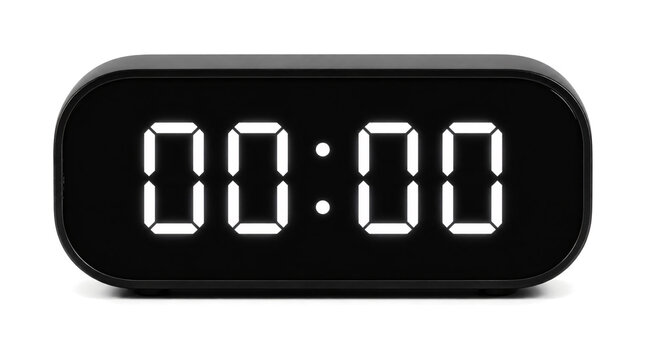 Black digital alarm clock displaying 00:00 isolated on transparent background.
