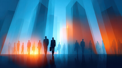 Fototapeta premium Business people city skyline skyscraper silhouette sunlight blue sky urban office crowd modern