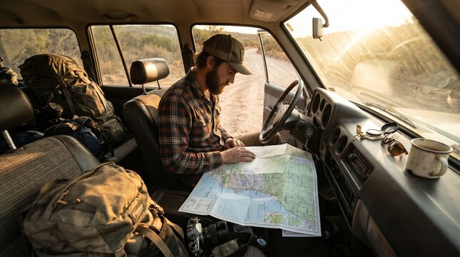 Two Travelers Map Navigation Van Road Trip Adventure Planning Together