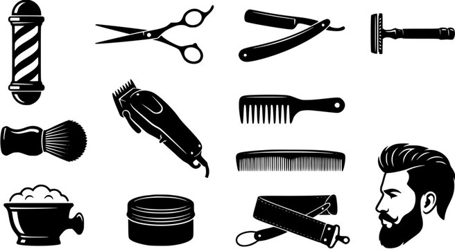 Barbershop equipment icons set with classic barber pole, grooming tools and bearded man silhouette