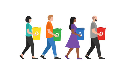 Fototapeta premium Diverse people carrying recycling bins, promoting environmental awareness