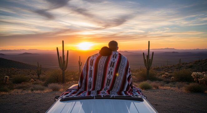 Couple Embracing Under Blanket Watching Desert Sunset.