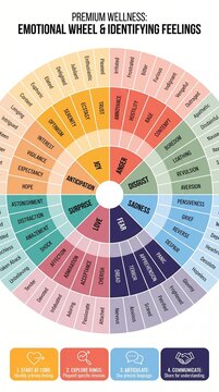 Emotional wheel infographic showing feelings and Plutchik emotion categories