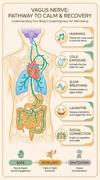 Vagus nerve and calm recovery infographic with five stimulation practices and nervous system diagram