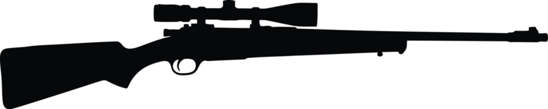 Black silhouette of a long range hunting rifle with a telescopic sight scope for precision shooting and sports marksmanship isolated on a simple design graphic