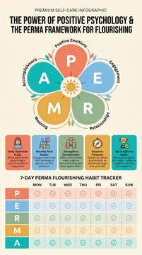 PERMA framework positive psychology infographic with five-petal flower and flourishing tracker