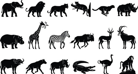 WebAfrican safari wild animals black silhouettes collection including elephant lion giraffe zebra and cheetah isolated on white background © JanokChandra