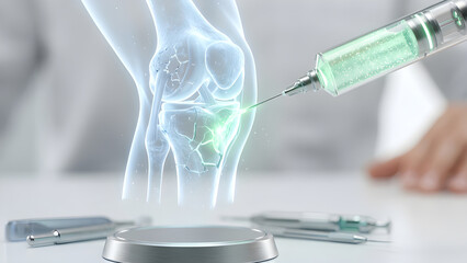 Fototapeta premium Macro realistic photo of a syringe injecting glowing green stem cells to heal a holographic knee joint.