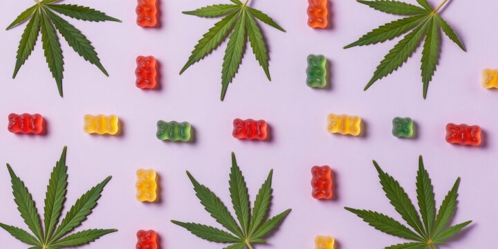Gummy bears, cannabis leaves arranged symmetrically on lavender background. Colorful candies, green marijuana leaves create playful yet suggestive composition, hinting at edibles, alternative