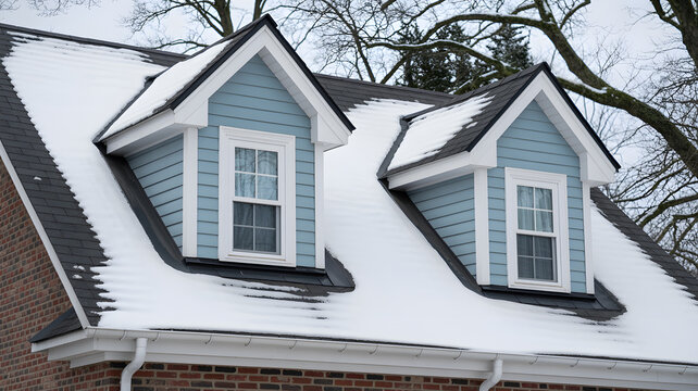 A snow-covered roof with two dormer windows and a brick wall on a cloudy day