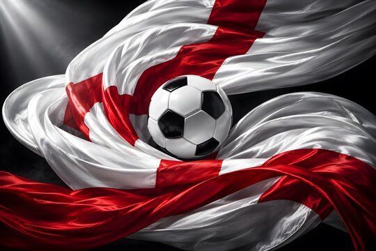 soccer ball surrounded by waving England flag silk ribbon with luxury red and white satin fabric texture on black background