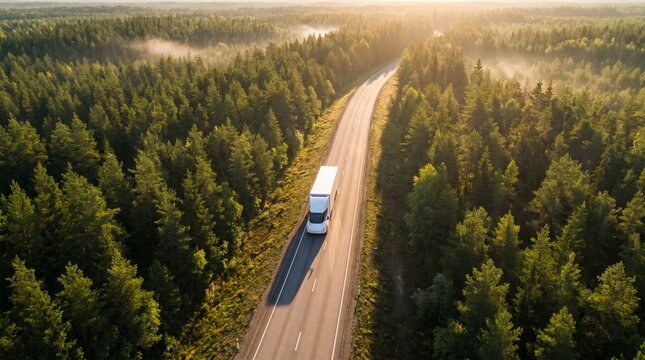Aerial View of Autonomous Electric Freight Truck on Forest Highway