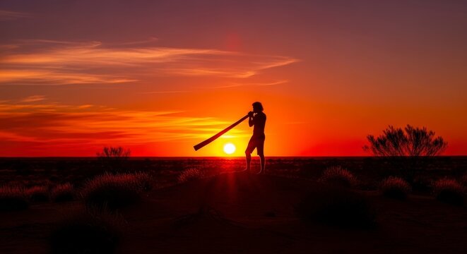 Silhouette of an Aboriginal man playing a didgeridoo at sunset in the Australian outback.