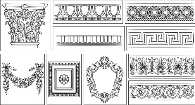 Set of classic architectural elements featuring ornate column capitals, decorative friezes, and traditional Greek meander patterns