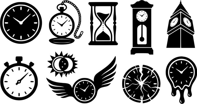 Set of black clock and time measurement icons featuring hourglass, pocket watch, grandfather clock, and surreal melting timepieces