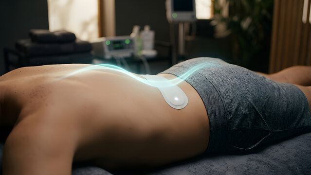 Cinematic photo of a sleek medical patch on a lower back emitting a glowing healing light wave.