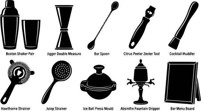 Set of professional bartender bar tools and cocktail equipment silhouettes including shaker, jigger, strainers, and zester