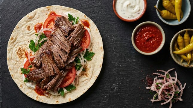 Traditional beef doner kebab on flatbread with fresh vegetables and sauces top view