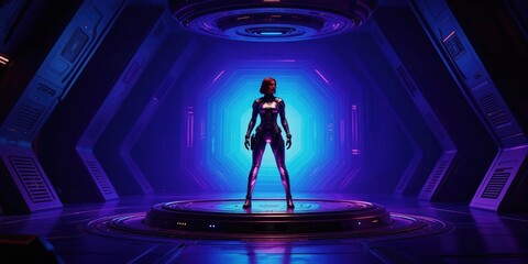 Fototapeta premium Woman in metallic suit stands on platform inside futuristic spaceship. Neon blue and purple lights illuminate complex sci-fi interior. Space exploration or technology concept art.