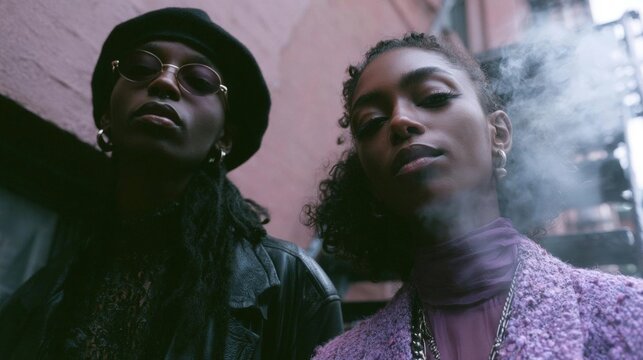 Two young women standing side by side, facing the camera. the woman on the left is wearing a black hat and sunglasses, and a black leather jacket.