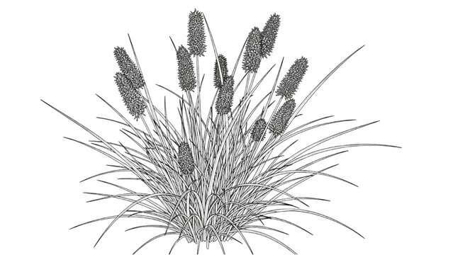 A 2D CAD Vector illustration of a cattail plant with long grass and seed heads in a natural setting