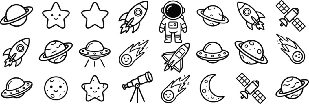 Outer Space Astronomy Astronaut Rocket Line Icon Vector Set