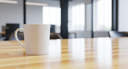 Fototapeta premium A clean white ceramic mug sits on a polished light wood table in a contemporary professional workspace with a soft blurred background scene, concept, day, minimalist