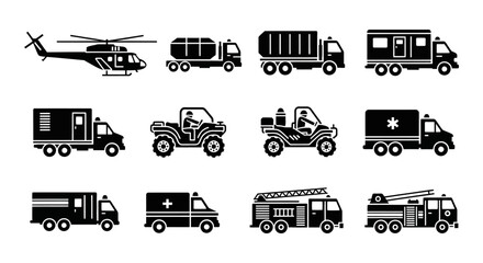 Heavy vehicle and emergency transport icon set vector silhouette © Trimo
