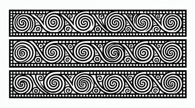 Black and white ornamental border design. Swirling patterns with circles and lines create a tribal ethnic motif. Suitable for fabric prints or graphic design elements. This style is traditional.