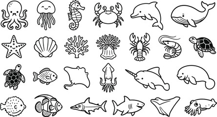Sea Life Ocean Animals Line Icon Vector Set for Marine Creatures © MST SUYARA