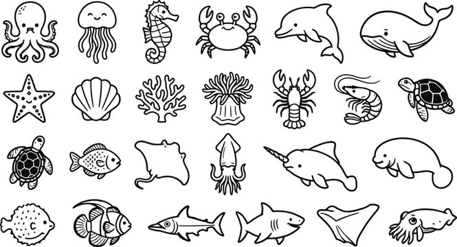 Sea Life Ocean Animals Line Icon Vector Set for Marine Creatures
