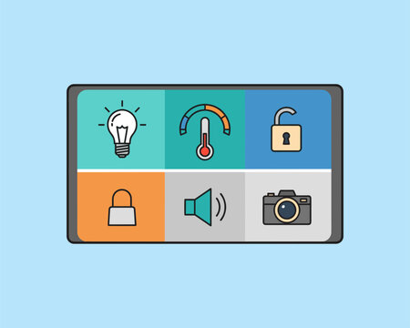 Smart Device Control Panel at Home, Flat Design, Blue Background