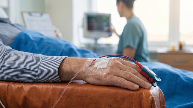 Elderly patient hand with intravenous drip and pulse oximeter resting on leather chair in a bright modern hospital room