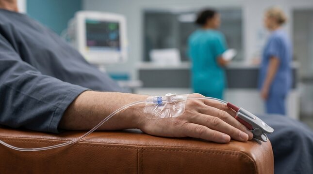Patient hand with intravenous line and pulse oximeter resting on leather chair in a blurred hospital ward medical setting