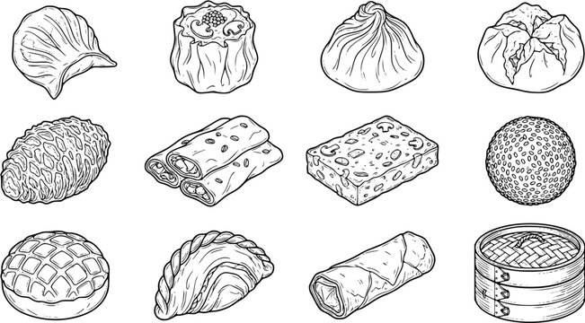 Set of hand drawn dim sum and traditional asian snacks, various steamed dumplings and rolls on white background