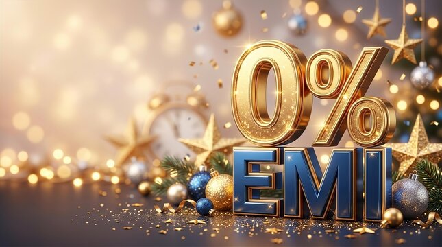 Festive Zero Percent EMI 3D Sign with Gold Christmas Ornaments and Bokeh Lights for Holiday Shopping Promotions