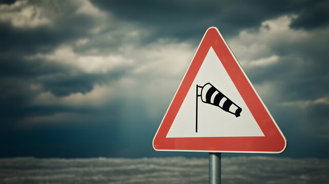 A triangular road sign warns drivers of strong winds ahead on a stormy day
