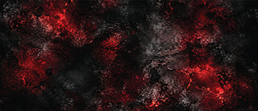 Burning coals and crack surface. Black and red rock stone background. Dark red horror scary background. Old wall texture cement black red background. Red grunge textured stone wall background.