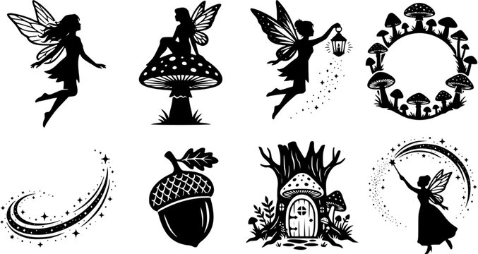 Set of fairy and magical forest silhouettes including flying fairies, toadstool mushrooms, acorn and enchanted tree house for fantasy design