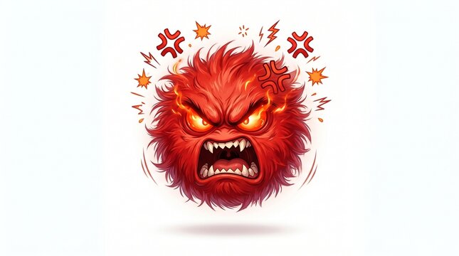 An enraged red furry ball character floating on a white background, featuring realistic fur and an explosive expression of extreme anger.