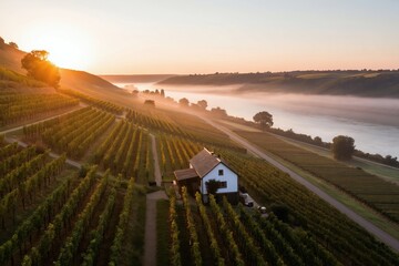 Fototapeta premium Aerial view of a vineyard cottage at sunrise with fog over a river. Rows of grapevines stretch across hills. Sunbeams pierce mist creating a warm, serene atmosphere.