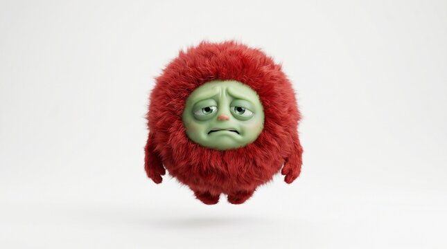 A nauseated red furry ball character floating on a white background, featuring realistic fur, a sickly expression, and visible discomfort.