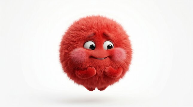 An embarrassed red furry ball character floating on a white background, featuring blushing cheeks, realistic fur, and a shy expression.