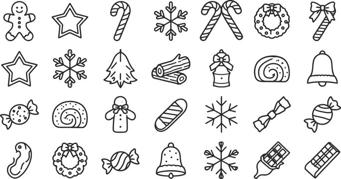 Christmas Gingerbread Cookies and Winter Candy Line Icon Vector Set