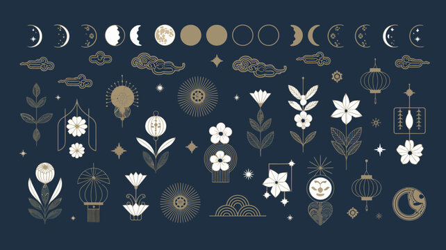 collection of floral and celestial elements vector flowers moon stars clouds lanterns illustration pattern design ornament icon symbol astronomy botany nature