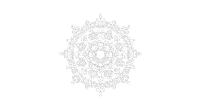 Intricate white mandala pattern with symmetrical floral and geometric design elements.