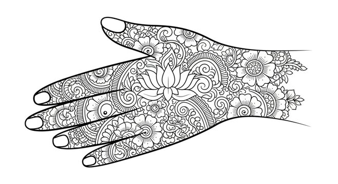 Intricate henna hand illustration with floral and lotus mandala patterns.